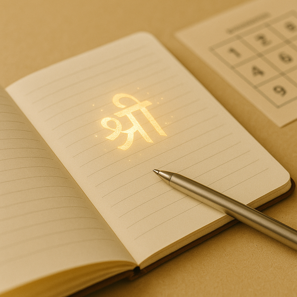 Name Correction by Vedic Vijeta | Align Your Name with Destiny Elegant Sanskrit letters glowing in a blue aura, representing vibrational harmony.