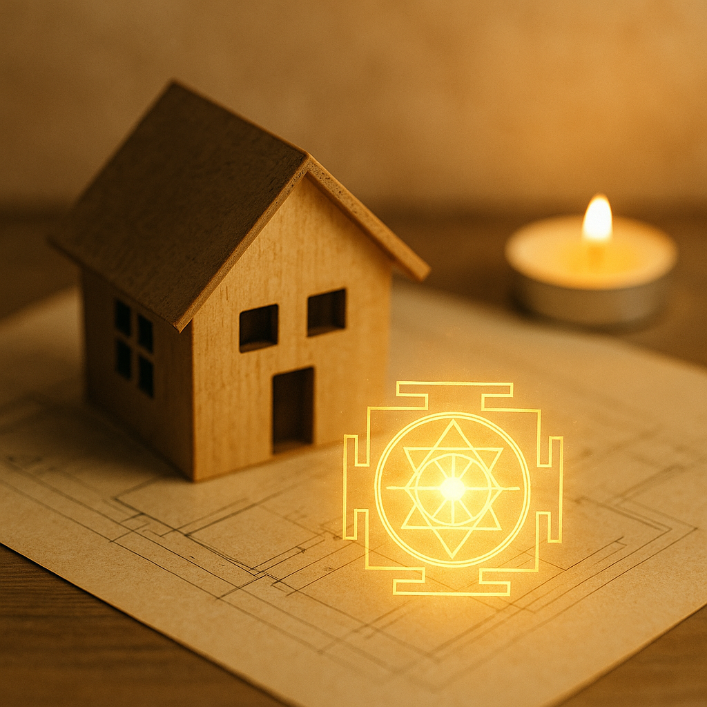 Vastu Consultation (Remote) by Vedic Vijeta | Harmonize Your Space A Vastu yantra glowing over a serene house outline with positive aura.